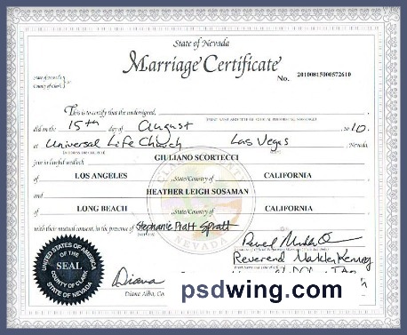 USA County of Clerk of Nevada Marriage Certificate
